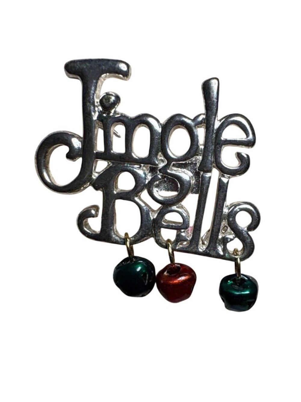 Jingle Bells Silver Tone Pin Red & Green Baubles Signed AA i 1 Inch Christmas